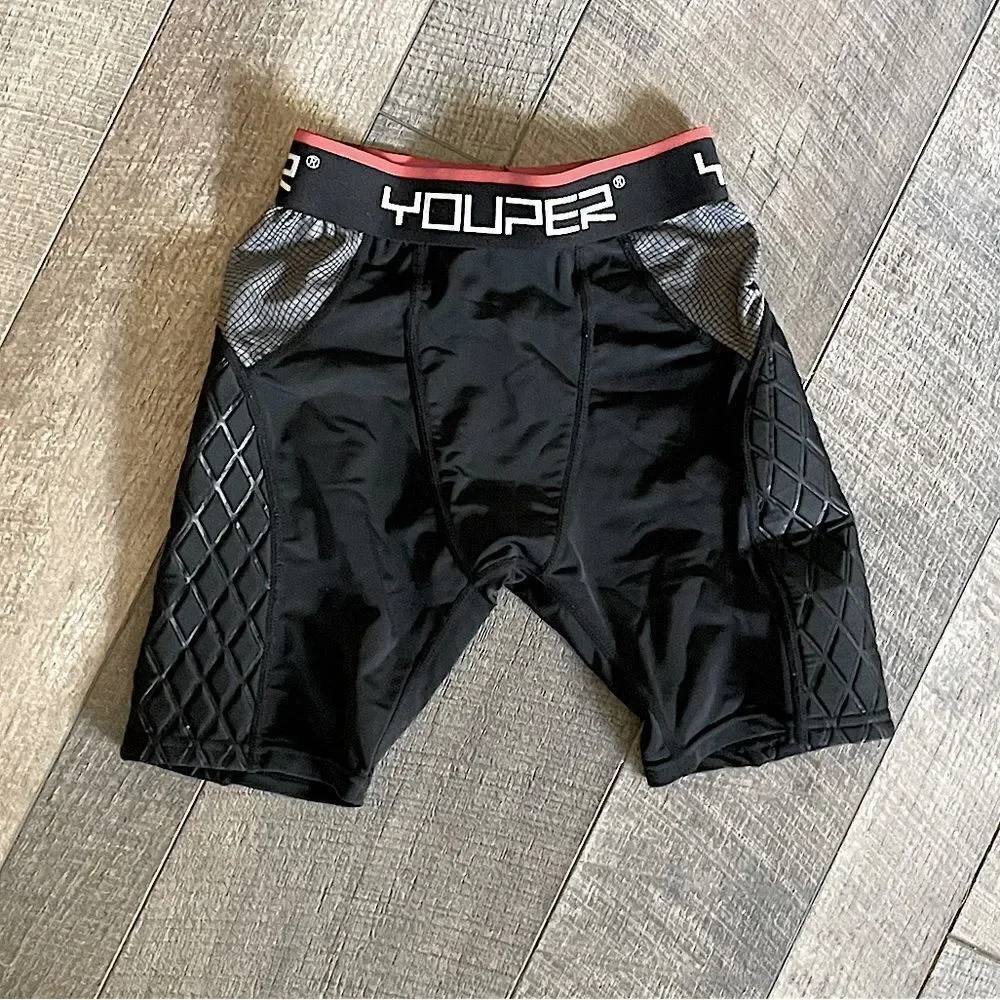 New! Youper Youth Elite Padded, Compression Sliding Pants, Black and Gray. Small